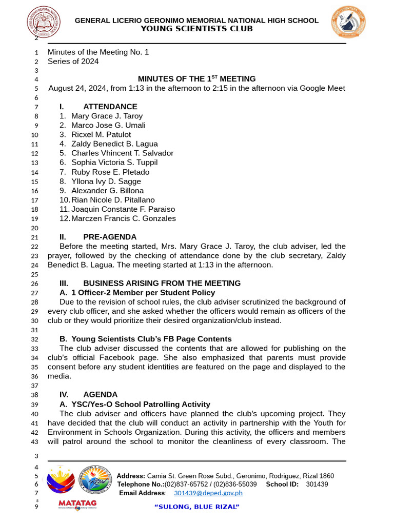 August 24, 2024 - Minutes of The Meeting No.1 | PDF