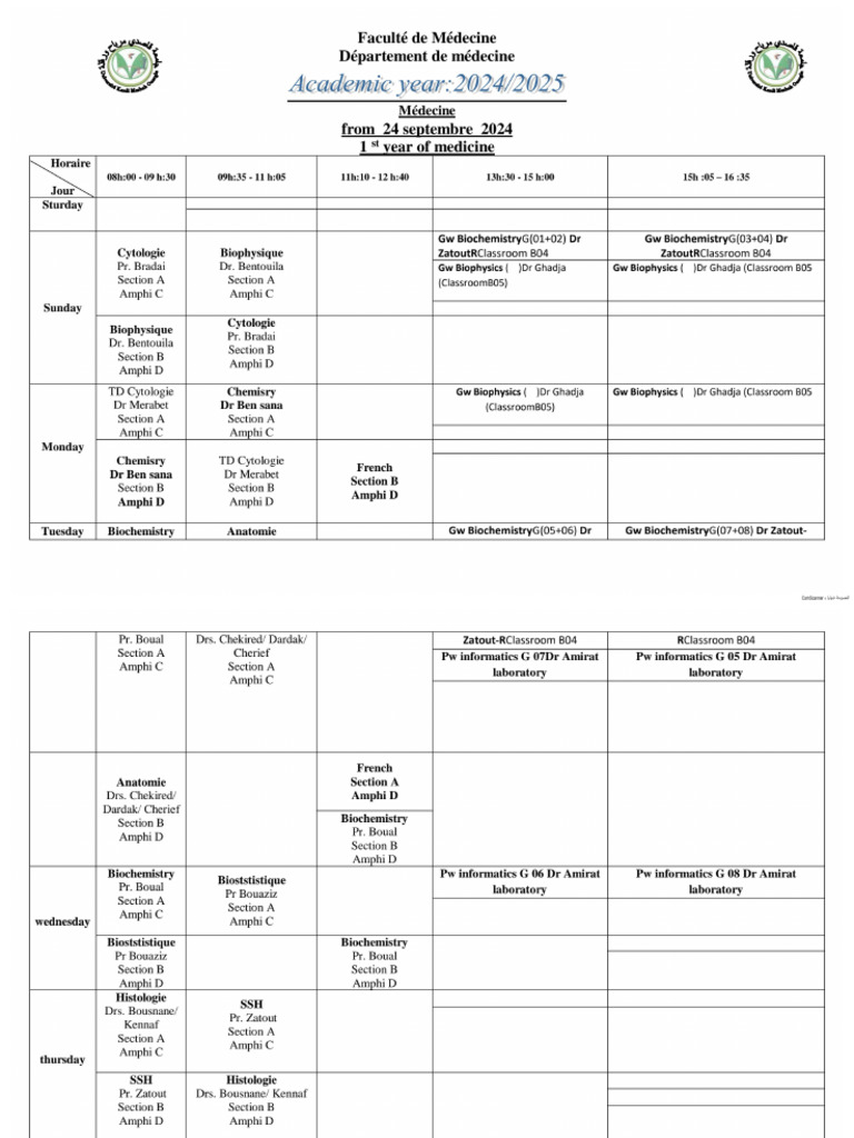 Emploi Du Temps Médecine 20242025 1 Compressed | PDF