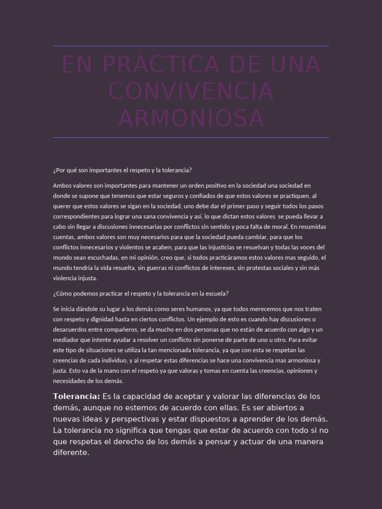 Convivencia Armoniosa: Respeto y Tolerancia | PDF