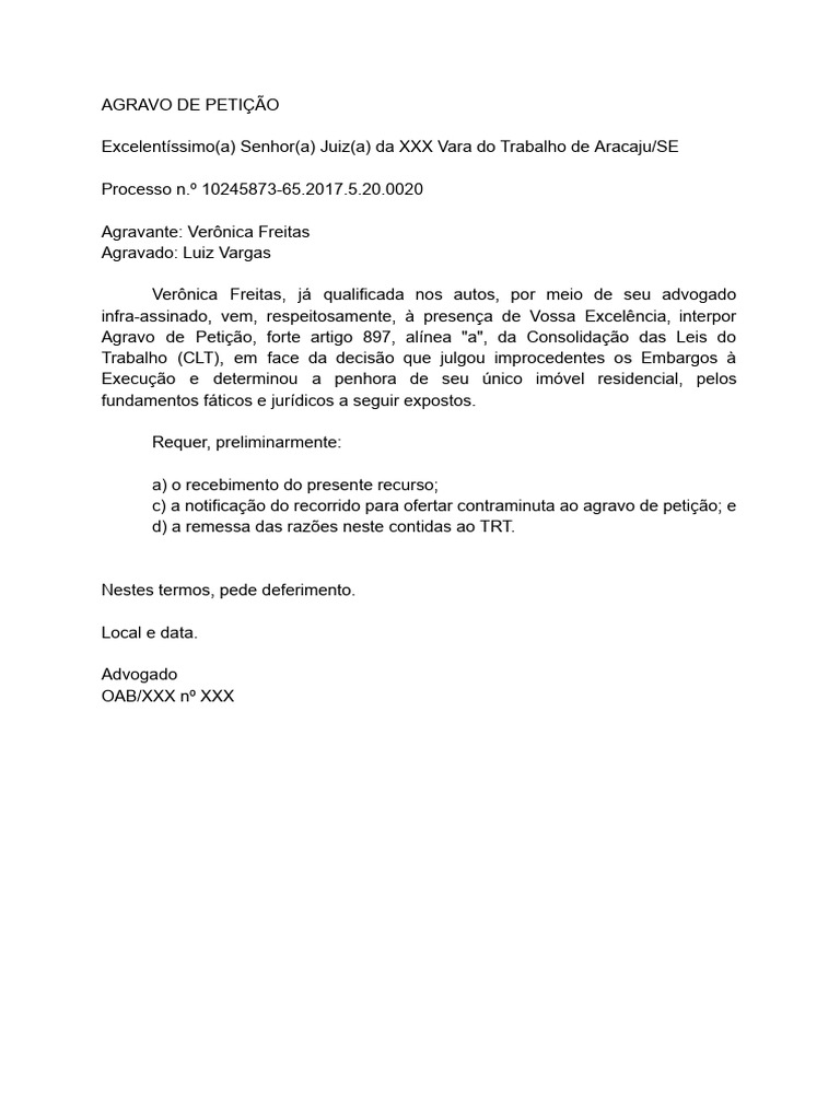 Agravo de Petição: Impugnação de Penhora | PDF | Sentença (jurídico ...