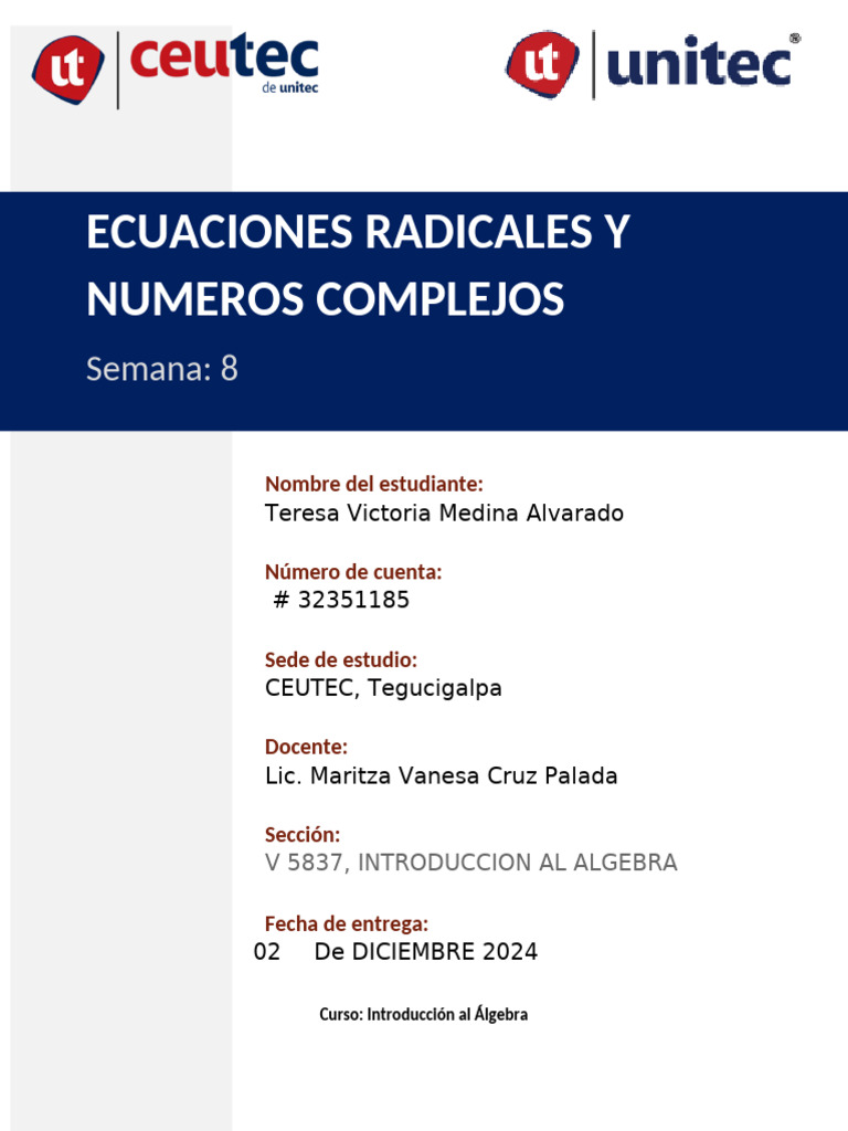 Ejercicios Para Tarea 8 1 Ecuaciones Radicales Y Números Complejos Pdf