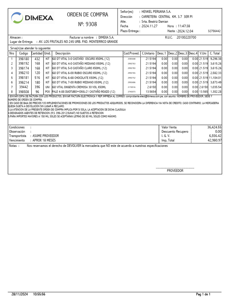 Orden de Compra HENKEL Perú 9308 | PDF | Tecnología bancaria | Pagos
