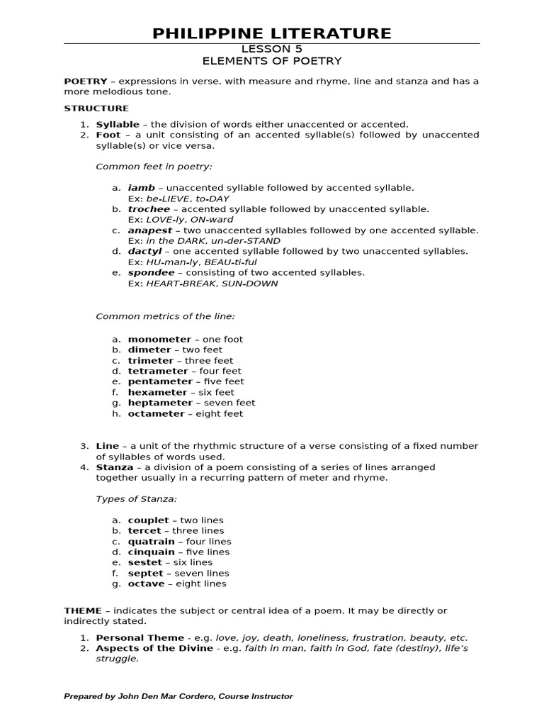 Lesson 5 Elements of Poetry | PDF | Poetry | Metre (Poetry)