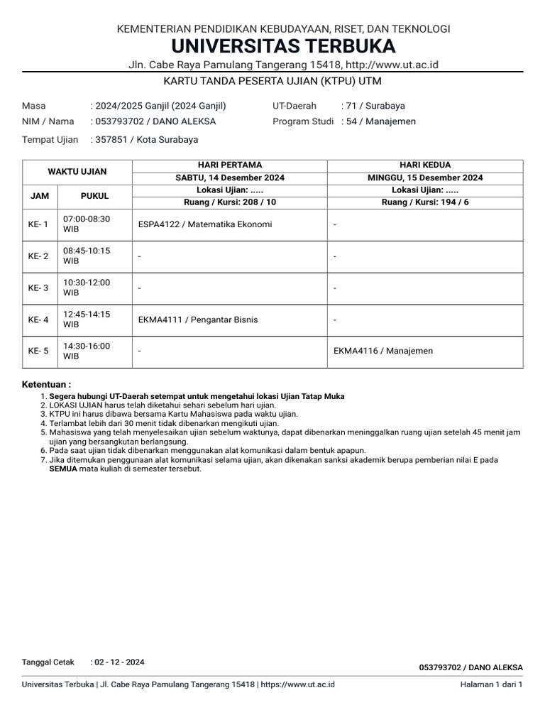 KTPU Ujian Manajemen UT 2024/2025 | PDF