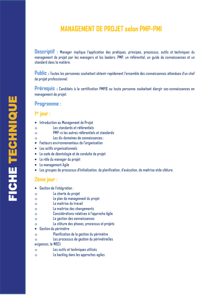 Fiche Formation Management de Projet PMP Global Realisation | PDF ...