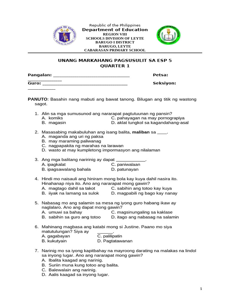First Periodic Test Esp 5 2024-2025 | PDF