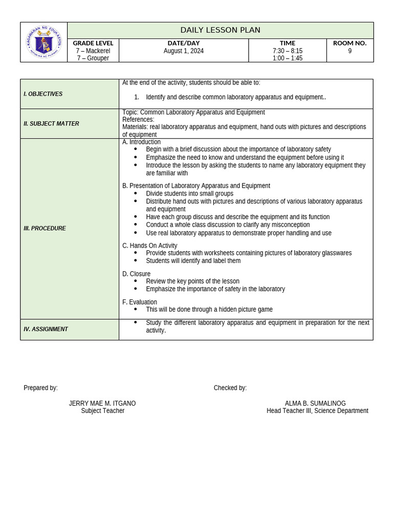 August 1, 2024 Common Lab Apparatus | PDF | Laboratories | Lesson Plan