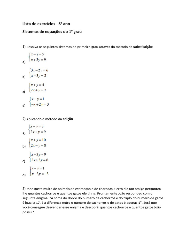 Exercícios de Sistemas de Equações 8º Ano | PDF | Gatos | Cães