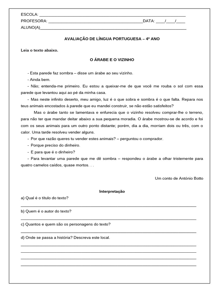 Avaliação de Língua Portuguesa 4º Ano | PDF | Adjetivo | Classe gramatical