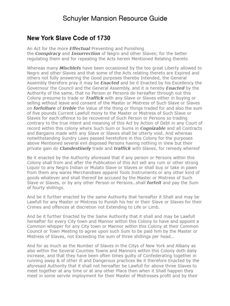 New york slave code of 1730 pdf slavery common law