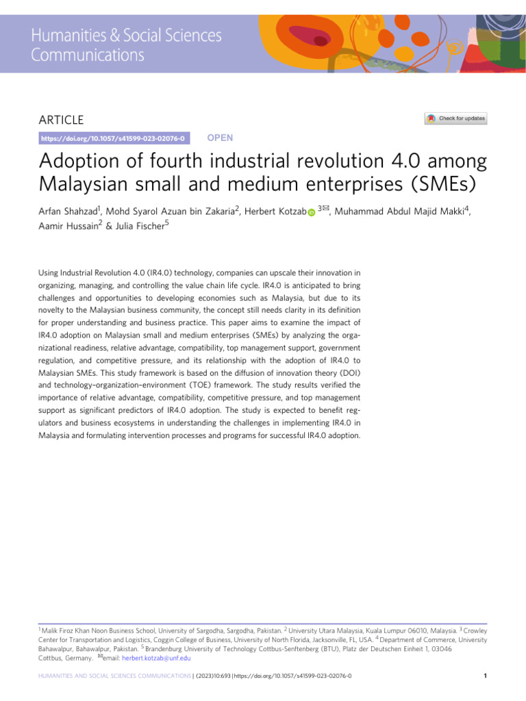 Adoption of Fourth Industrial Revoluion 4.0 Among Malaysian Small and ...