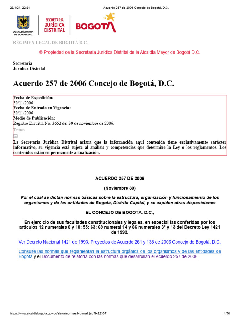 Acuerdo 257 de 2006: Estructura Bogotá D.C. | PDF | Bogotá | Alcalde