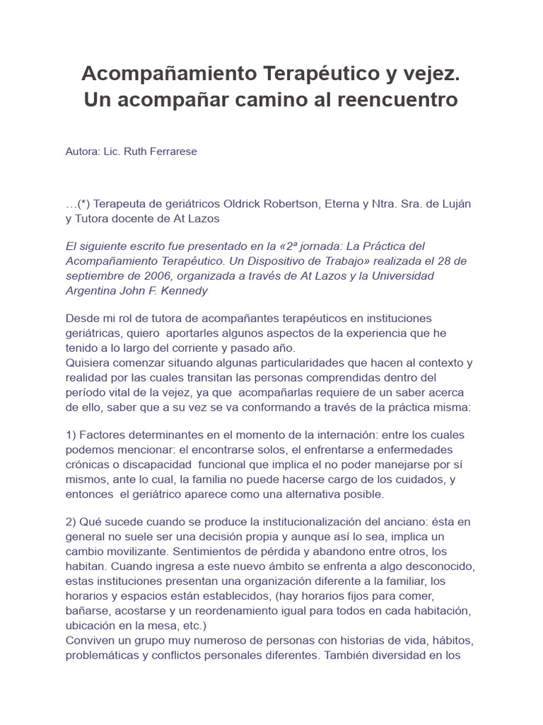 Acompañamiento Terapéutico y Vejez | PDF | Vejez