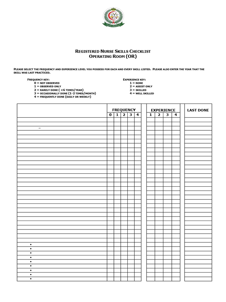 Skills Checklist Operating Room or | PDF | Medicine | Health Care