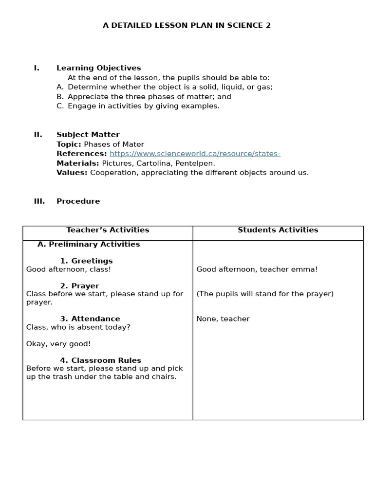 A Detailed LessonPlan in Science 2 Emma | PDF | Matter | Teachers
