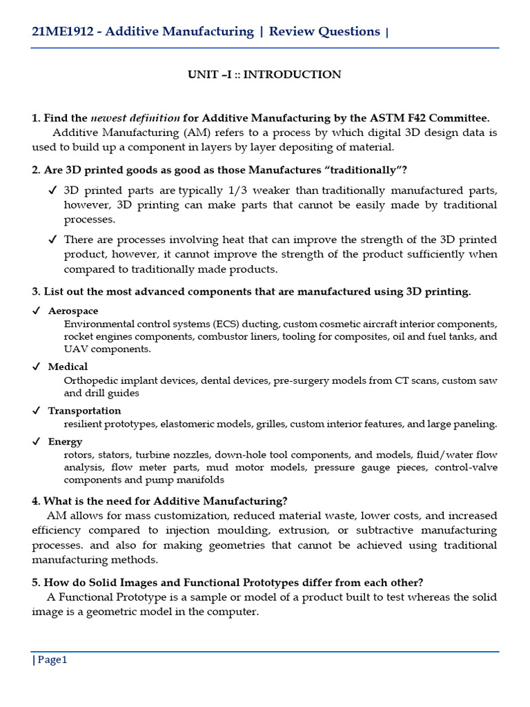 Additive Manufacturing Review Questions | PDF | 3 D Printing | Business ...