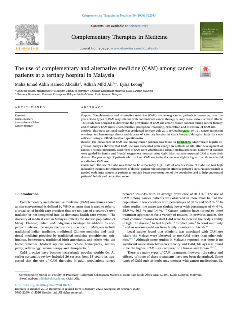 Abdalla, 2020. The Use of Complementary and Alternative Medicine (CAM ...