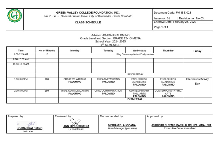 CLASS SCHEDULE- GRADE 12 | PDF