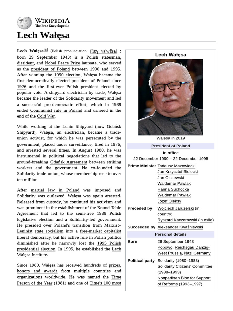 Lech Wałęsa: Poland's First Elected President | PDF | Poland | Politics ...