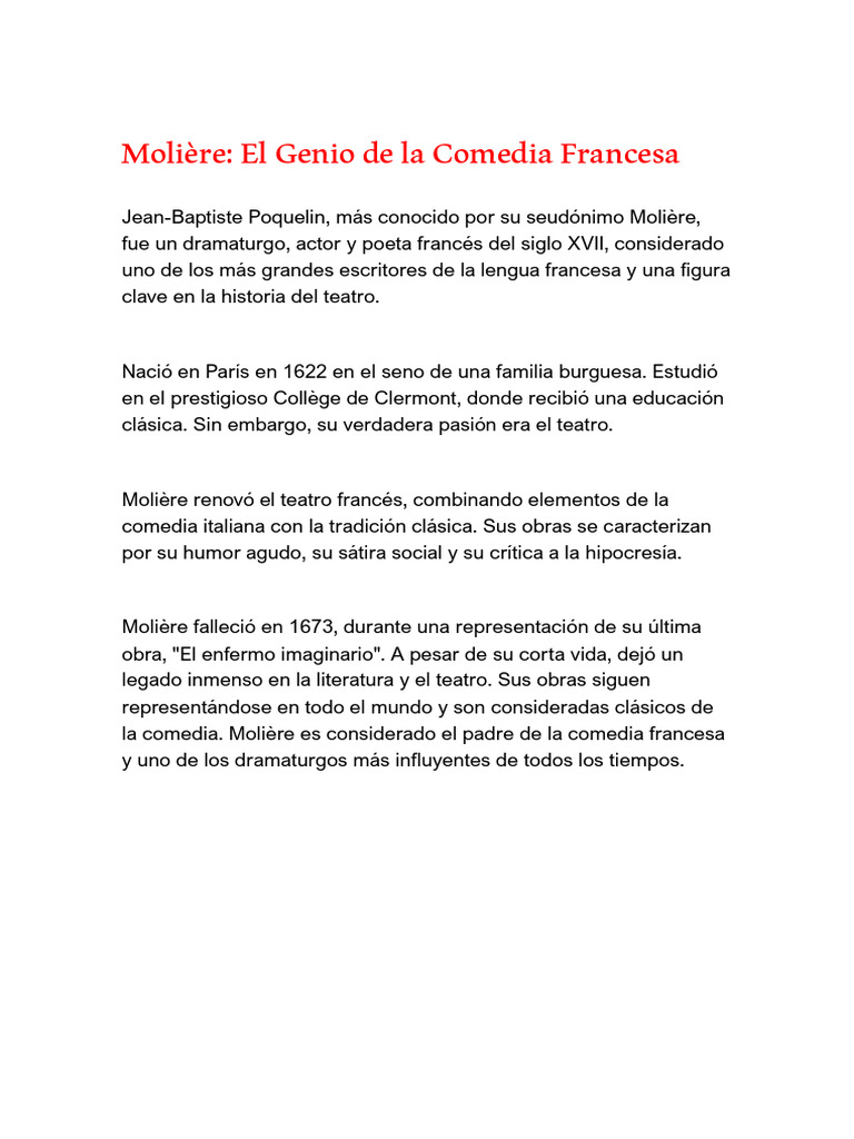 Molière: Padre de la Comedia Francesa | PDF