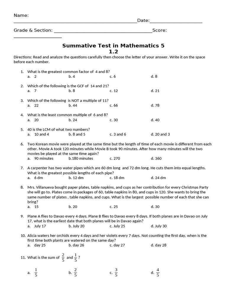 Summative Test No. 1.2 Math 5 | PDF | Elementary Mathematics | Mathematics