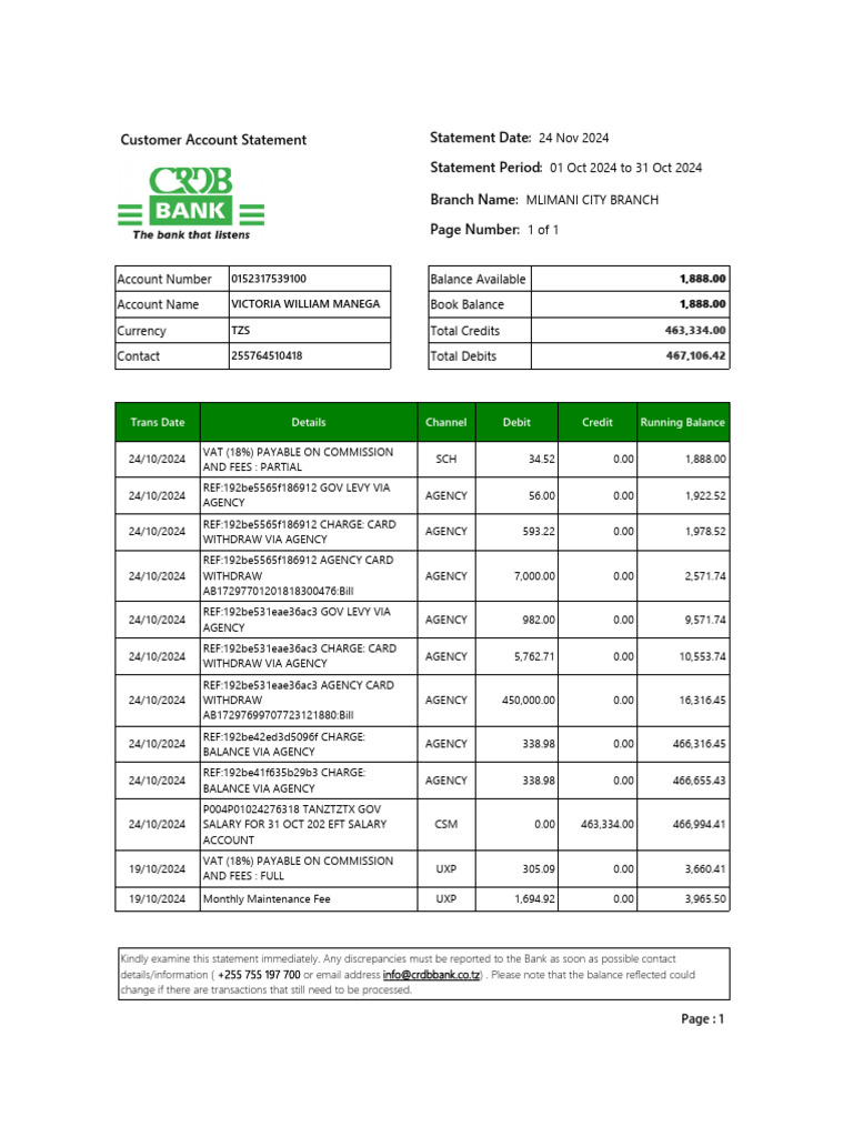 Customer Account Statement - Oct 2024 | PDF | Debits And Credits ...