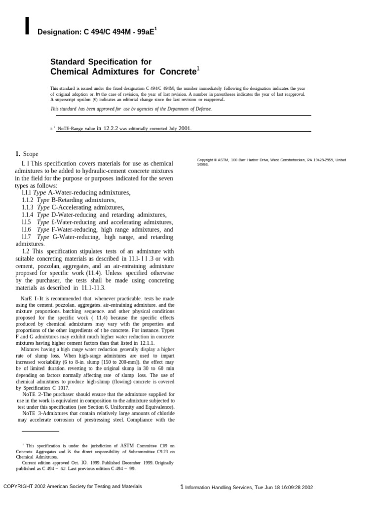 ASTM C494 Standard for Concrete Admixtures | PDF | Concrete | Cement
