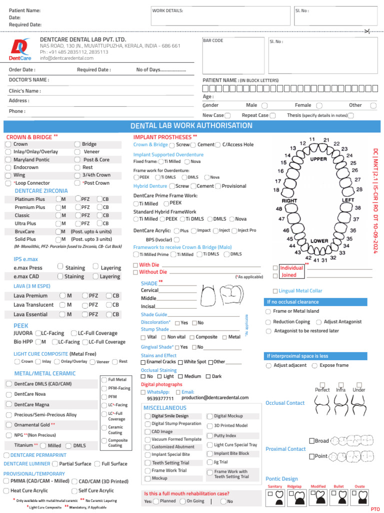 Dental Lab Work Authorization | PDF | Dental Implant | Dentures