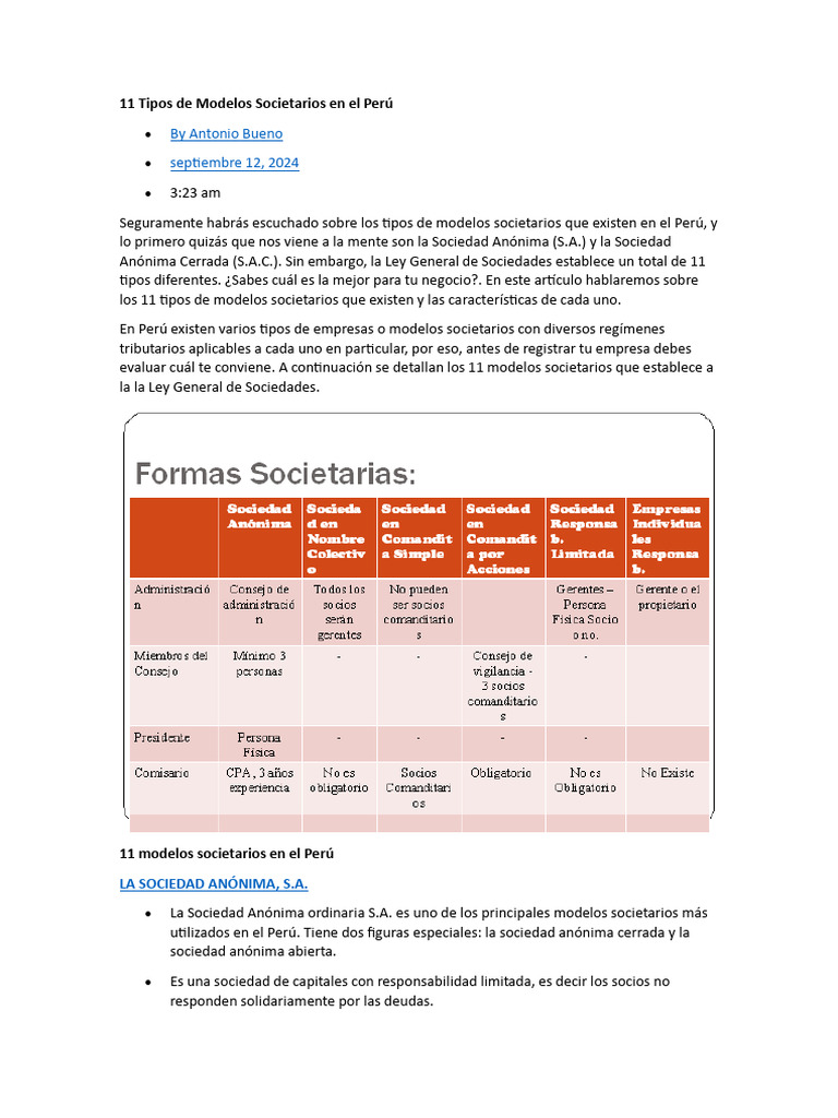 11 Modelos Societarios en Perú | PDF | Economias | Business