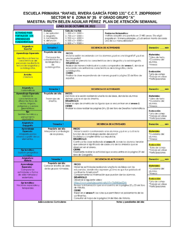 Plan Semanal de Aprendizaje 6° Grado | PDF
