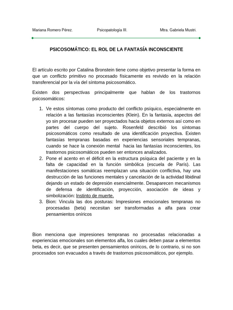 Psicosomática y Fantasía Inconsciente | PDF | Conceptos psicologicos ...