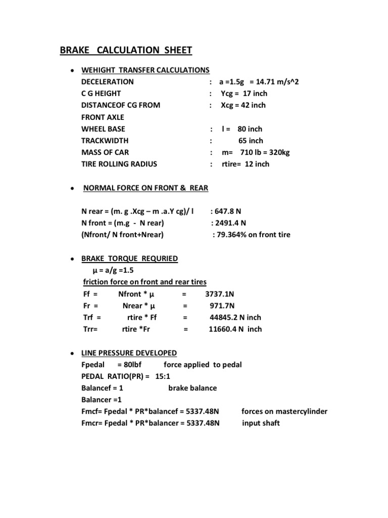 Brake Calculation Sheet