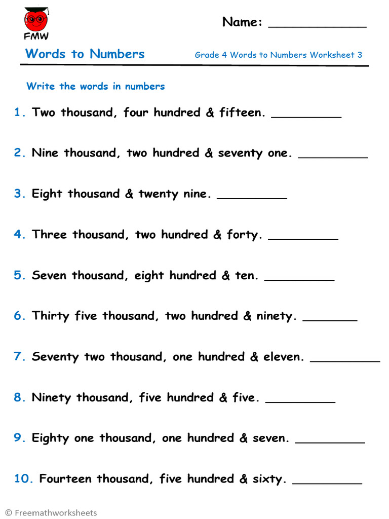 Grade 4 Words to Numbers Worksheet | PDF