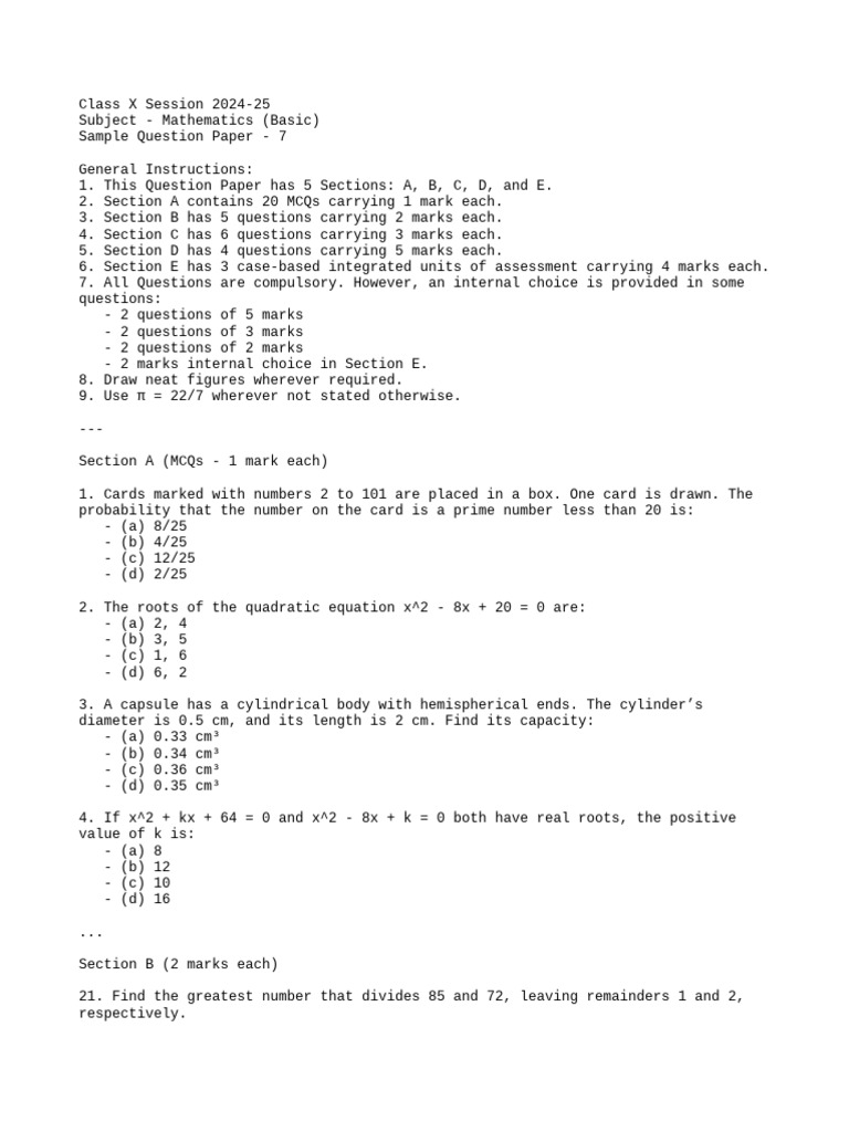 Class X Math Sample Paper 2024-25 | PDF | Mathematics | Algebra
