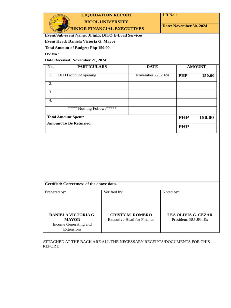 Liquidation Report Template 1 PDF