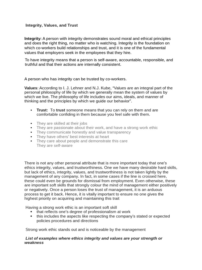 Inetgity Values Trust | PDF | Integrity | Psychology