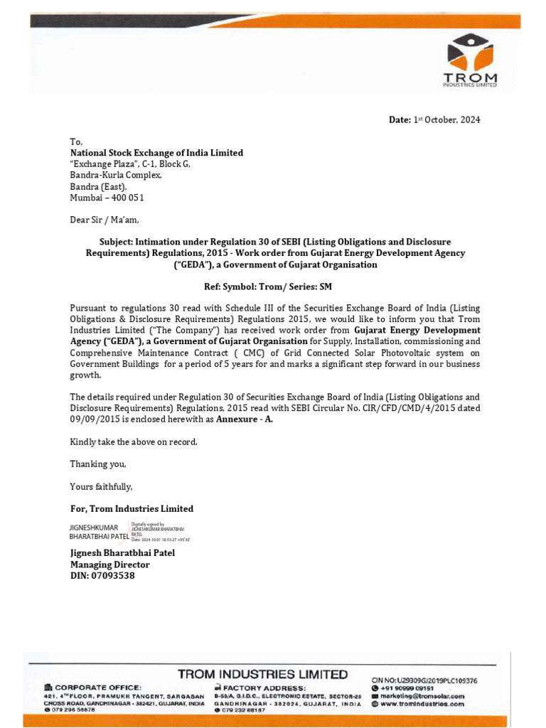 Trom Industries Secures Solar Project Order | PDF | Market (Economics ...