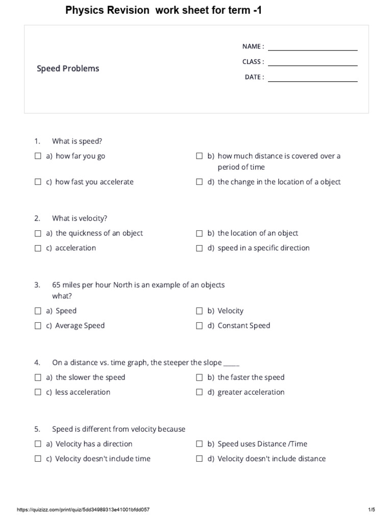 Physics revision Work sheet | PDF | Velocity | Speed