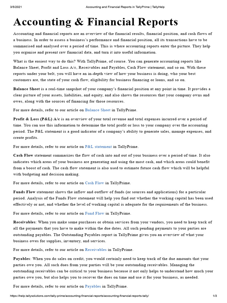Accounting and Financial Reports in TallyPrime - TallyHelp | PDF ...