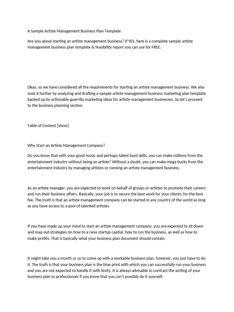 A Sample Artiste Management Business Plan Template | PDF | Advertising ...