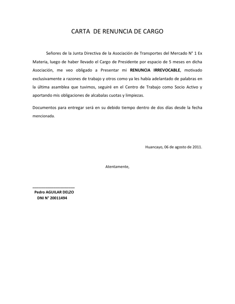 Carta de Renuncia de Cargo