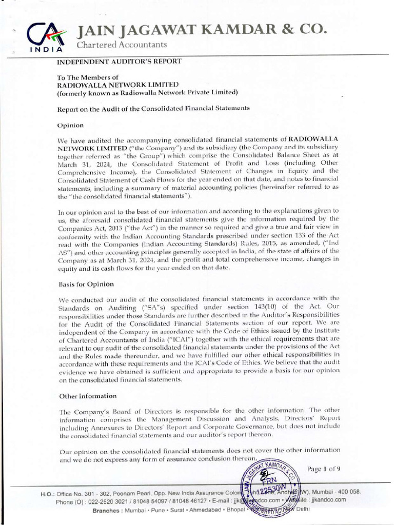 Auditor's Report on Radiowalla Network | PDF | Audit | Financial Statement