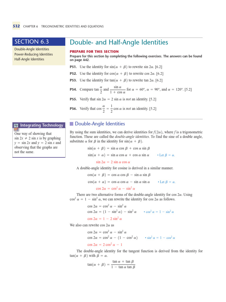 Trig Double And Half Angle Identities