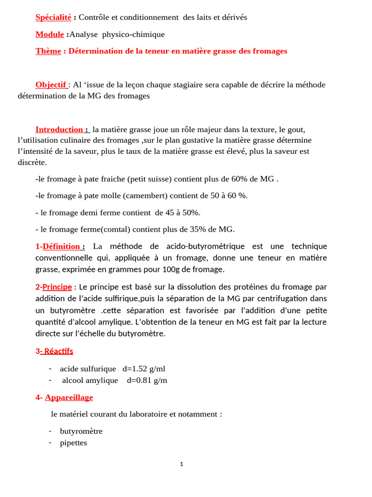 Analyse de la matière grasse des fromages PDF Fromage — free download