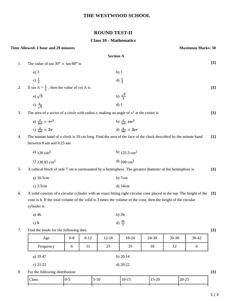 Class 10 Maths Round Test II | PDF | Sphere | Circle