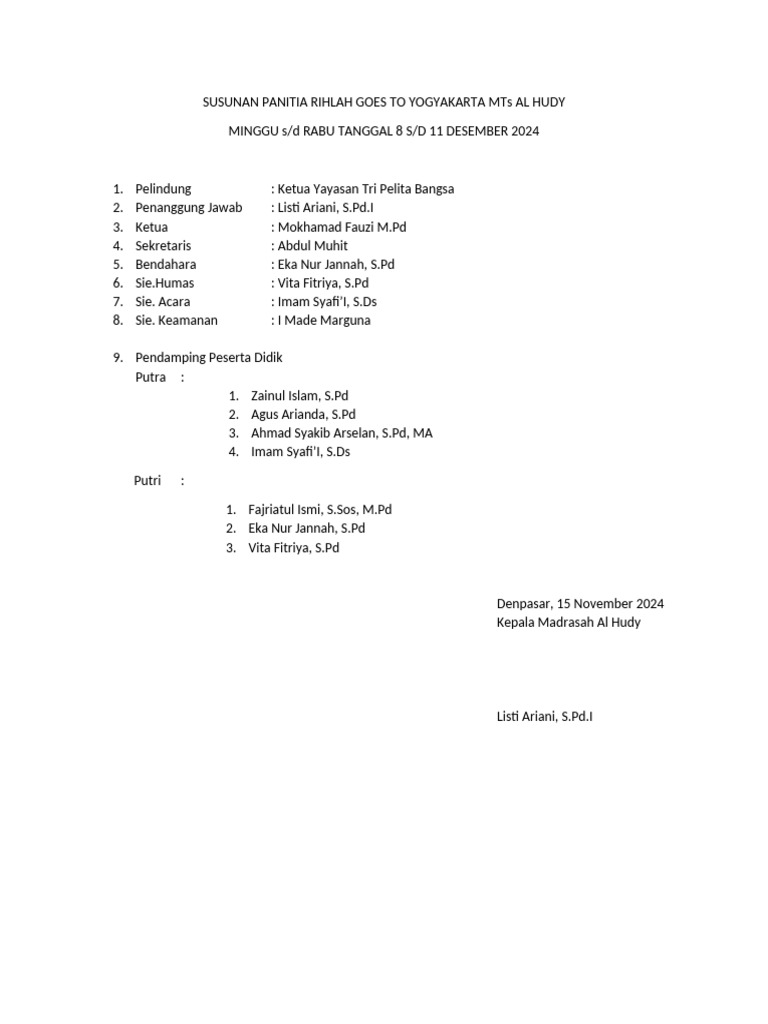SUSUNAN PANITIA RIHLAH GOES TO YOGYAKARTA MTs AL HUD | PDF