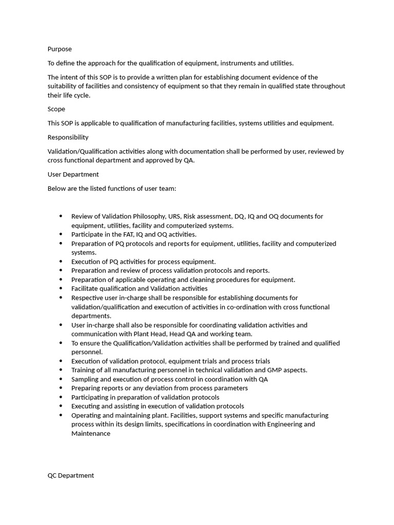 Equipment Qualification SOP Overview | PDF | Verification And ...