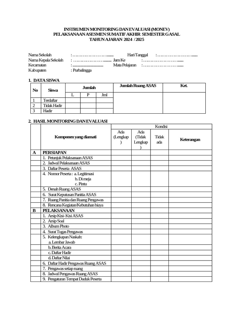 Instrumen Monev ASAS Semester Gasal | PDF