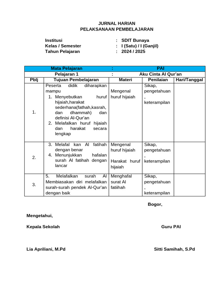 Jurnal Harian PAI Kelas 1 Kurikulum Merdeka | PDF