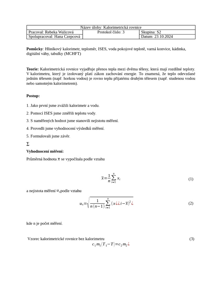 Kalorimetrická Rovnice - Protokol | PDF